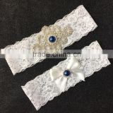 Gorgeous Rhinestone Applique Wedding Garter With Blue Bead Center,Bridal Lace Garter For Leg Decoration