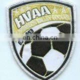 China Factory Custom Shield Shape Football Soccer Embroidered Patch, Overlocked Adhesive Embroidery Badge
