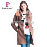 Autumn And Winter Medium Length Women Cashmere Coat With Silver Fox Fur Collar Overcoat