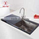 Durable Stainless Steel bowl tempered glass top basin sink for kitchen with glass drainboard