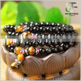 Unisex Unique Gift Natural Black Obsidian Tiger Eye Buddhist Prayer Mala Beads Multilayer Stretch Bracelet