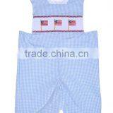 Baby Boy Light Blue Mini Gingham Smocked American Flag Shortall thumbnail-1