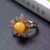 Neffly Jewelry Natural Beeswax Yellow Chanterelles 9 mm Inlaid Flower Ring, S925 Silver Plated With Gold Inlaid Rose Diamond Accessories. thumbnail-3