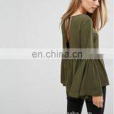 New Design Chiffon Flared Sleeves Woman Blouse Tie V-back Girl Top thumbnail-4
