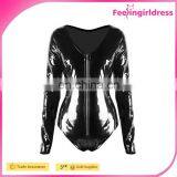 High Quality Black Long Sleeves Zipper Open Body Wholesale Sexy Hot Leather Catsuit