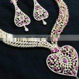 Pink Color Blossomy Heart Gold Plated American Diamond Jewelry Necklace Earrings Set thumbnail-2