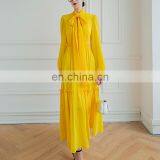 TWOTWINSTYLE Dress for Women Bow Elegant O Neck Long Sleeve High Waist Female Yellow Fashion thumbnail-3