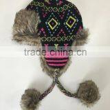 High Quality Wholesale Diamond Jacquard Knitted Winter Trapper Hat With Faux Fur Lining thumbnail-2