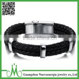 Mens Fashion Double Braided Genuine Leather Stainless Steel Charm Bracelet Bangle