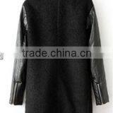 Black Contrast Leather Quilted Sleeve Wool Zipper Coat thumbnail-2