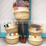 Decorative Seagrass Storage Baskets, Belly Seagrass Basket With Pompoms thumbnail-6
