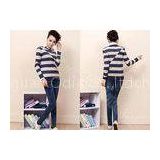 Popular Cotton Ladies Fine Knit Sweaters , Long Sleeve Pullover with Two-tone Irregular Stripes