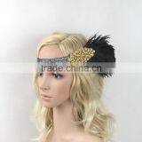 Black and Gold Vintage Feather Headpiece 1920s Flapper Feather Headband thumbnail-3