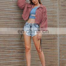 2020 свободный однотонный куртка для женщин из коричневой ткани с ламповыми рукавами и узким талией, в стиле мото-куртки thumbnail-2