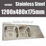 1200mm 304 SS Double Bowl Kitchen Sink With Drainboard thumbnail-1