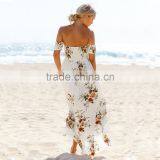 Boho Style Long Dress Women Fashion Off Shoulder Beach Summer Dresses Floral Print Vintage Chiffon White for Wholesale 2017 thumbnail-3