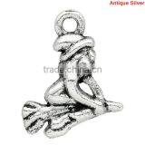 Antique Silver Halloween Ornaments Witch Flying On Broom Charm Pendants 16x14mm thumbnail-1