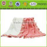 Coral Pink and White With Floral Print Ruffle Reversible Velour Blanket thumbnail-1