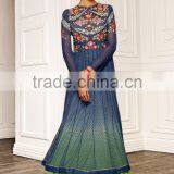 Blue Color on Embroidery Heavy Design at Neck Long Anarkali Designer Semi Stitch Salwar Kameez thumbnail-1