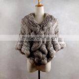 YR433 Women Stretch Real Rabbit Fur Cape Thick Knit Top Quality Fur Shawl thumbnail-1