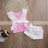 Girls Pink Summer Outfit Toddler Grid Tops + White Shorts Set Spring Summer for 1-6T thumbnail-4