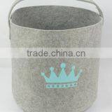 Crown Printed Grey Felt Round Storage Basket With Handle thumbnail-1