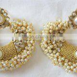 White Pearl Beads Polki Gold Tone Dangler EARRINGS thumbnail-1