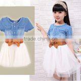 Baby Girl's Kids Children Fashion Princess Denim And Tulle Stitching Bow Dress Skirt With Belt 3-8Y SV001489 thumbnail-4