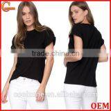 Wholesale Crew Neck Rolled Cuffs Cotton t Shirt Women t Shirts thumbnail-1