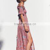 Lady's Smocked Dress With Slit off the Shoulder Floral Long Maxi Dresses thumbnail-3