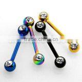 Anodized nipple barbell with double jewel balls facing forward