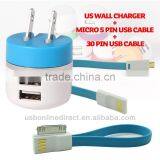 Dual USB Wall Charger 2.1A +micro 5pin Cable +30pin Usb Cable, Dual Usb Travel Charger, 6 Colors thumbnail-1
