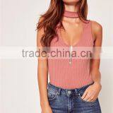 MGOO Elegant 95% Cotton 5% Spandex Bodysuits Ribbed Choker Neck Pink Tops Sleeveless Zip Up Tops thumbnail-2