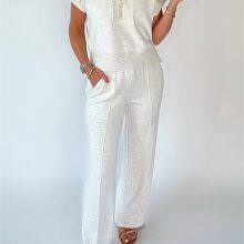 Red Stripe Pullover Hoodie Ribbed Solid Pants 2pcs Set Outfit Gray Leopard Print Raw Seam Patchwork Pullover Drawstring Loose Pant Set Wholesale thumbnail-5