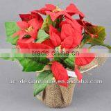 RED ARTIFICIAL VELVET POINSETTIA FLOWER BUSH X 5 W/5 PCS POINSETTIA FLOWER HEAD ON BURLAP PLANTER thumbnail-1