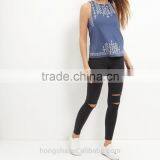 2016 Fashion Summer Blue Embroidered Trim Sleeveless Top HST8042 thumbnail-3