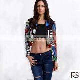 Multicolor Geometric Print Crop Led Cafe Racer Jacket thumbnail-1