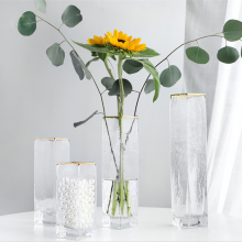 Gold Rimmed Tall Glass Square Vase Wholesale Transparent Clear Flower Vase Container thumbnail-2