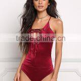 MGOO New Designs 2017 Lace Up Cross Strap Bodysuits Burgundy Satin Playsuits 2017 Summer Designs Beach Style thumbnail-5