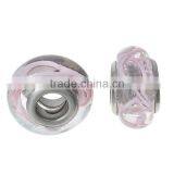 Lampwork Glass European Style Large Hole Beads Round Transparent Pink Ripple With 304 Stainless Steel Silver Tone Core thumbnail-3
