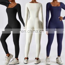 Square Neck Long Sleeve Onesie One Piece Four-Way Stretch Leggings Soft Factory Sale Jumpsuits 78nylon 22spandex
