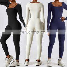 Square Neck Long Sleeve Onesie One Piece Four-Way Stretch Leggings Soft Factory Sale Jumpsuits 78nylon 22spandex