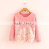 Fancy Girls Pullover Furry Mohair Swearer With Lace Flower Embroidery thumbnail-1