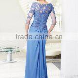 Light Blue Long Sleeve Lace Beaded High Neck Silk Evening Dresses thumbnail-2