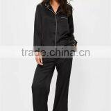 Custom Logo Back Embroideried Pajama Set White Piping Long Pajama Set Black Long Sleeve Top With Long Pants Nightwear thumbnail-2