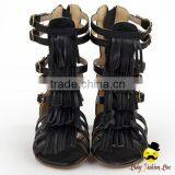 Kids Summer Plain Black PU Fringe Gladiator Boots With Zipper Little Girl Flattie Snadals Shoes thumbnail-2