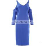 Kate Kasin Women's Long Sleeve V-Neck Cold Shoulder Cotton Blue T-Shirt Dress KK000504-2