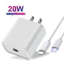 Travel Kits USB PD 18W 20W Wall Quick Charger Adapter Type C Fast Charger for IPhone USB C PD Power Charger With Cable