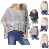 Women's Mesh Knit V-Neck Poncho Shirt Crop Top Oversized Wide Hem long sleeve T shirts