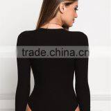 MGOO Foshan Manufacturer Custom Plunge Ribbed Bodysuits Black Cotton Spandex Blouse High Cut Buttons Up Tops thumbnail-6